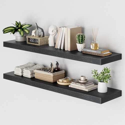 Heimlove Floating Shelves - Set of 2 Black Wood Shelves | 48"W x 12"D for Bedroom, Living Room, Kitchen, Home Office