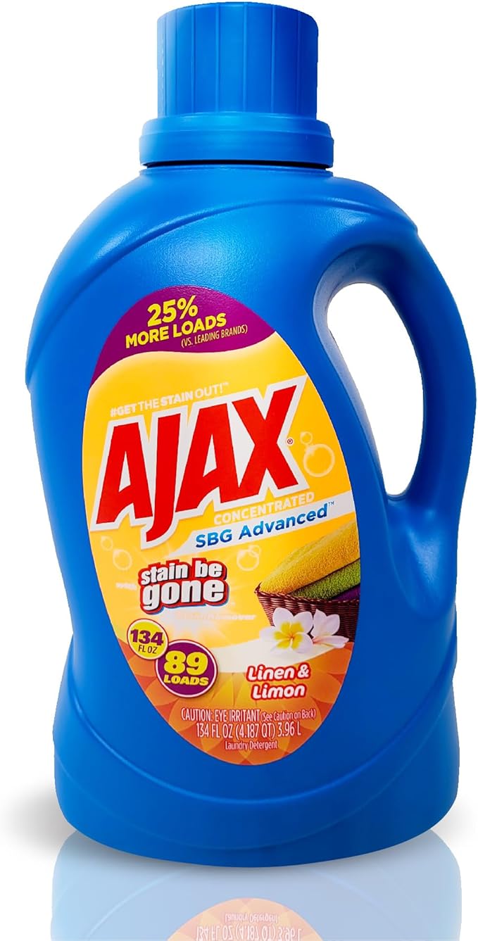 Ajax SBG Advanced Laundry Detergent, Linen & Lemon Scent, 134oz (Pack of 4) â Totally Awesome Stain & Odor Remover, HE Compatible, Concentrated Liquid, 356 Loads, Color-Safe, Long-Lasting Freshness