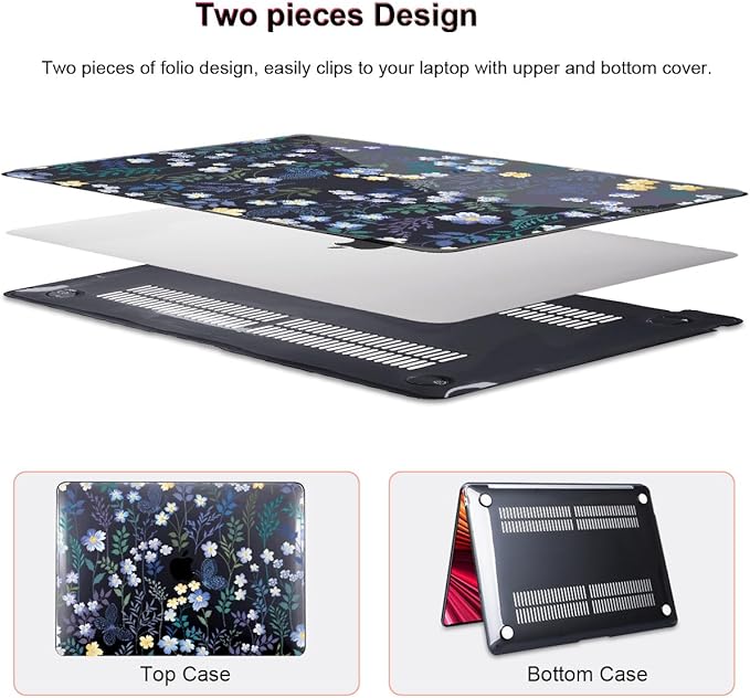 LCMOCICO for M1 MacBook Air 13 Inch Case 2021 2020 2019 2018 Release M1 A2337 A2179 A1932 Cover with Retina Display & Touch ID, Printed Pattern Plastic Hard Shell Case, Meadow Wildflower Black