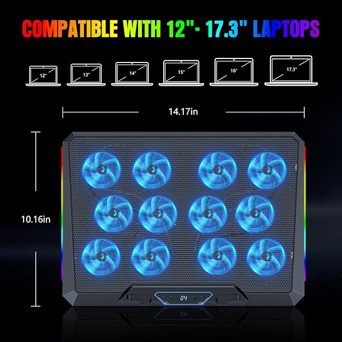 Trullypine Laptop Cooling Pad with 12 Quiet Fans, Slim Portable for 12-17.3 Inch Laptop Cooler Stand, RGB Lighting, with 5 Height Adjustable, Gaming Cooling Fan Pad,Two USB Ports, Phone Holder (LCD)