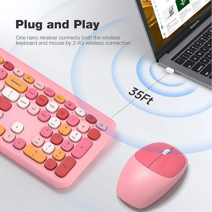 KNOWSQT Wireless Keyboard and Mouse Combo, Pale Pink Full-Sized 2.4G Silent Keycap Colorful Keyboards, USB Dongle Plug Play, Laptop, Windows, PC, Mac, Desktop
