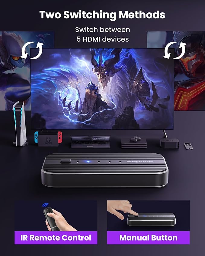 HDMI Switch 5 in 1 Out with Remote - 4K@60Hz, HDMI Splitter Support HDCP2.2, HDR, 3D, Dolby Support, 3 Port Switcher Selector Box with Xbox, PS5/4/3, Fire Stick Roku Blu-Ray Player (5 in 1 Out)