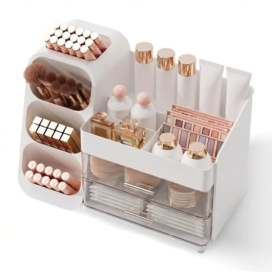 Booklov Makeup Organizer for Vanity, Large Capacity Cosmetic Display Case with Clear Acrylic Drawer, Countertop Beauty Storage Holder for Skincare, Brush Eyeshadow Lipstick Counter Desk, Crystal White