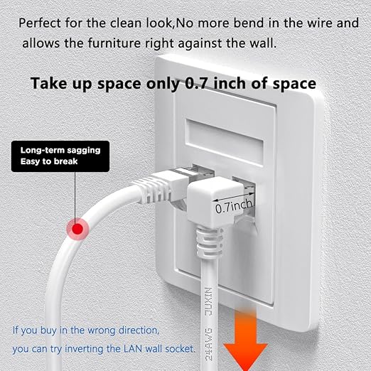 JUXINICE Right Angle Ethernet Extension Cable Down Angle1.5ft-White, 90 Degree CAT6 Ethernet Patch Cable RJ45 LAN Cable Extender Male to Female Connector for Router Modem Smart TV PC Computer Laptop