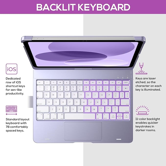 typecase Touch iPad 11th 10th Generation Case with Keyboard (11" 2025, A16 & 10.9" 2022) – 360° Rotatable, 11-Color Backlit, Multi-Touch Trackpad, Pencil Holder, Thin & Light – Light Purple