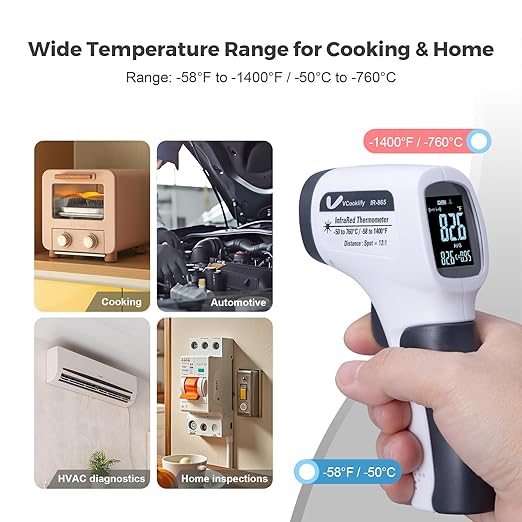 VCooklify Temperature Gun for Meat,Automotive Infrared Thermometer Gun with Ring Laser DS12:1,Digital Thermal Gun with Adjustable Emissivity&High/Low Alarm,-58~1400℉IR Temp Gun for Engine,Brakes&HVAC
