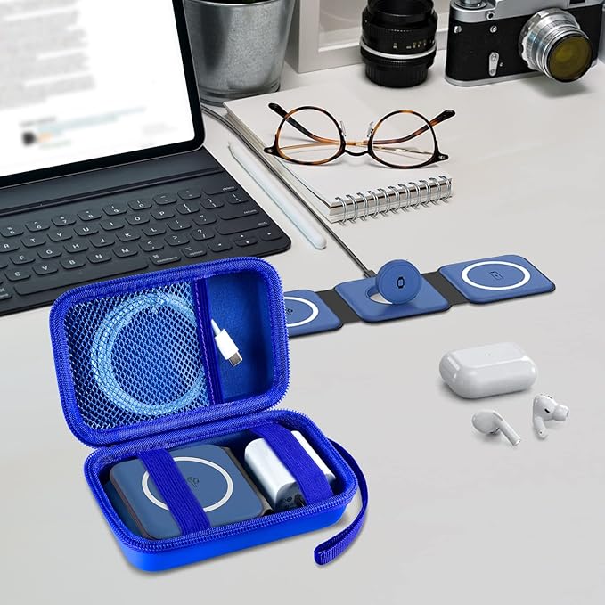 ANKHOH Travel Case for UCOMX for Nano/for Iseyyox/for LISEN/for RTOPS 3 in 1 Wireless Charger, Foldable Magnetic Charging Station Storage Holder Bag for Fast Charge Pad Cable Adapter, Blue-Box Only