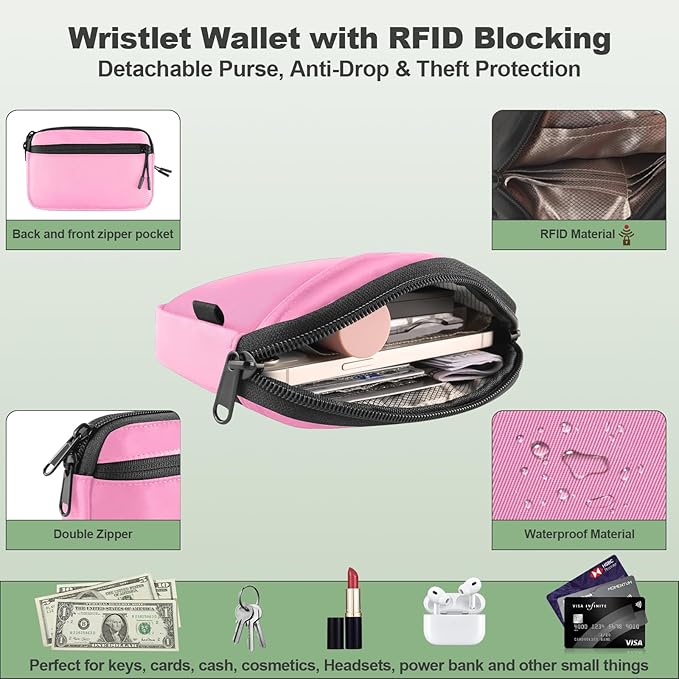 YFWE Clip and Go Strap for Phone with Wallet Crossbody, Adjustable Phone Lanyard with Detachable RFID Wristlet Wallet & Ultra-Thin 360° Rotatable Metal Tabs for All Smartphones (Pink)