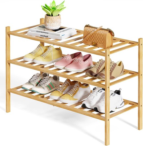 Kitsure Bamboo Wooden Shoe Rack - Stackable Organizer for Space-Saving Entryway, 26.8" x 11" x 18.9", Natural