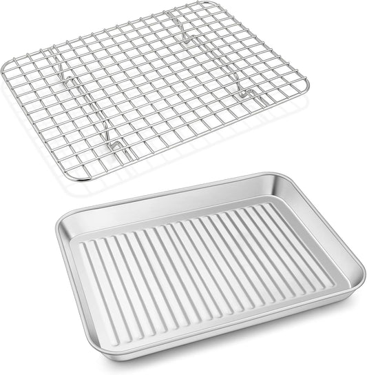 P&P CHEF Stainless Steel Baking Oven Pan - Versatile Sheet Tray with Wire Rack | 10.5 x 8 x 1 Inch, Dishwasher Safe