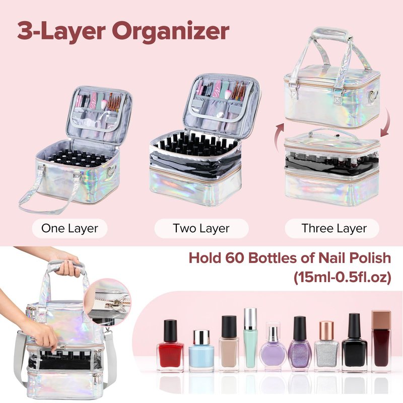 Nail Polish Organizer Case, 3 Layers Removable Nail Polish Storage Bag Holds 60 Bottles and Nail Lamp with Shoulder Strap Portable Holographic PU Leather Nail Kit Storage for Manicure Tools (Silver)