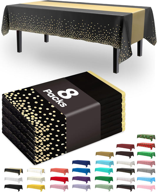 Pureegg Disposable Plastic Tablecloths - 8 Pack, 54 x 108 Inch, Leakproof & Sturdy, Black Gold for Graduation Parties