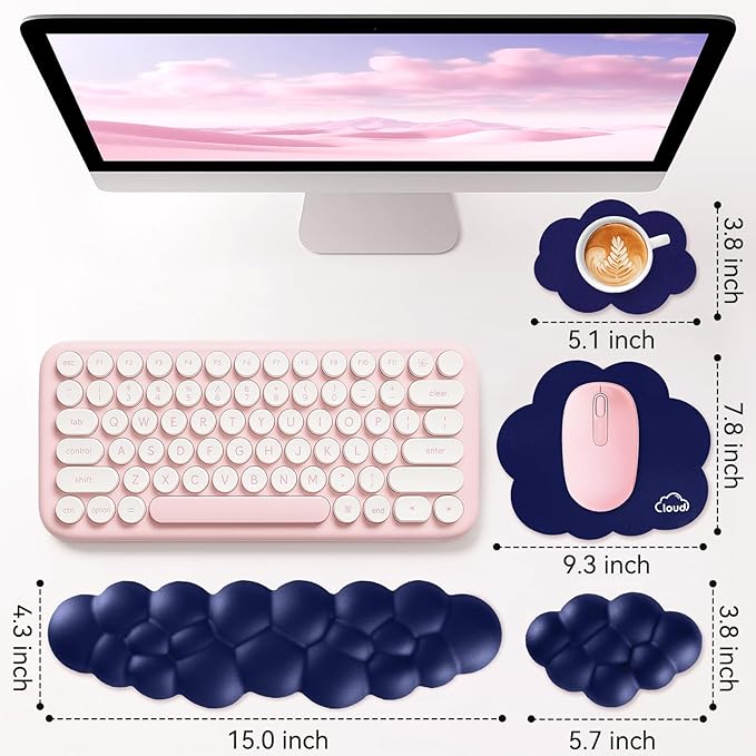 Sushret Cloud Wrist Rest for Computer Keyboard, 4-in-1 Memory Foam Leather Cloud Keyboard Wrist Rest and Mouse Pad Set with Ergonomic Support for Arm and Palm Cushion, Gaming/Work Setup, Dark Blue