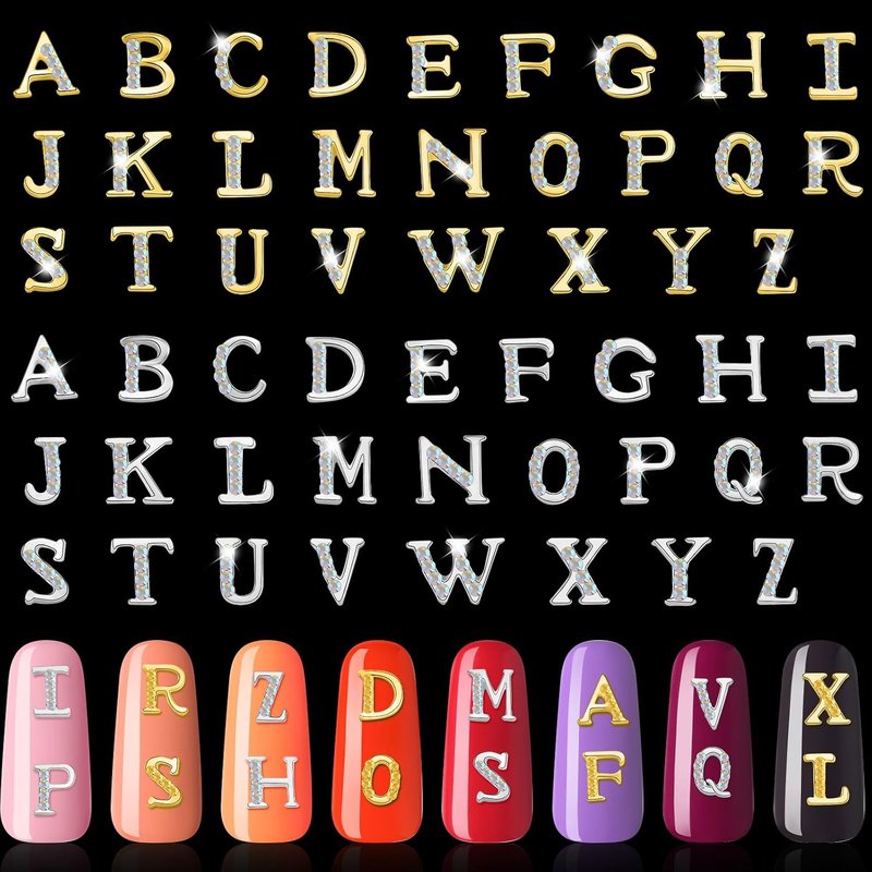 Gold & Silver 3D Letter Nail Charms - 104 Pcs Rhinestone Crystal Alphabet Decals for DIY Fingernail Art