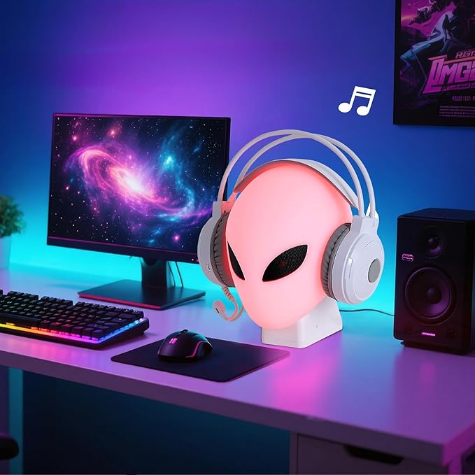 FancyMay RGB Headphone Stand with Music Rhythm Light, 8-Color LED Gaming Headset Holder with USB & Type-C Charging Ports, Voice-Activated Light for PC Desk Setup, Gamer Gifts for Men & Boys