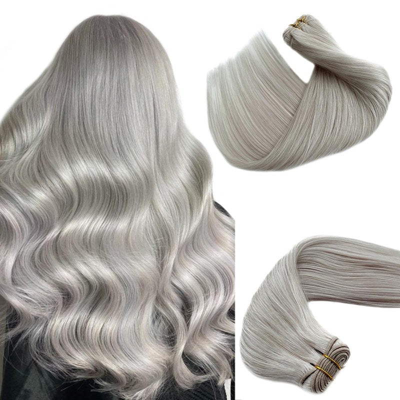 Benafee Sew in Hair Extensions Real Human Hair, Platinum Silver Natural Weft Hair Extensions Remy Hair Weave Bundles 12â 80G Human Hair Weft Extensions Sew in Weave Bundles Brazilian Hair Double Weft