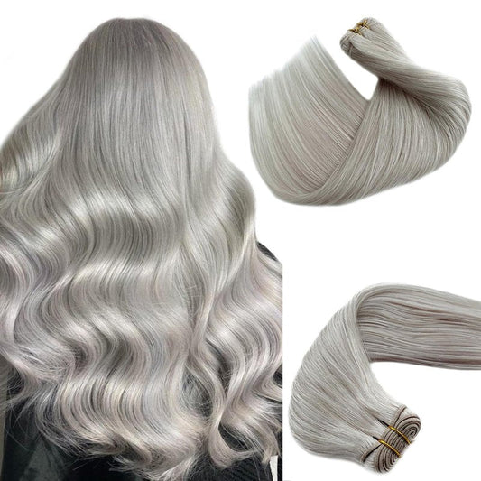Benafee Sew in Hair Extensions Real Human Hair, Platinum Silver Natural Weft Hair Extensions Remy Hair Weave Bundles 12â 80G Human Hair Weft Extensions Sew in Weave Bundles Brazilian Hair Double Weft