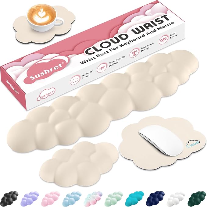 Sushret Cloud Wrist Rest for Computer Keyboard, 4-in-1 Memory Foam Leather Cloud Keyboard Wrist Rest and Mouse Pad Set with Ergonomic Support for Arm and Palm Cushion, Gaming/Work Setup, Beige