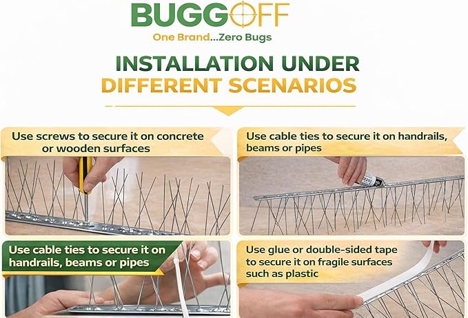 BUGGOFF Bird and Rodent Spikes, 4.5" Tall 10" Long Stainless Steel Anti-Bird Deterrent Strips, Silver, Professional Pest Control for Roofs, Fences, Ledges (20 Pieces / 16.6 Feet)