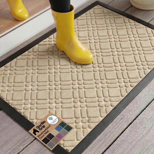 GORILLA GRIP Waterproof All-Season WeatherMAX Doormat - 35x23 Natural Rubber, Stain & Fade Resistant, Easy Clean, Modern Latte