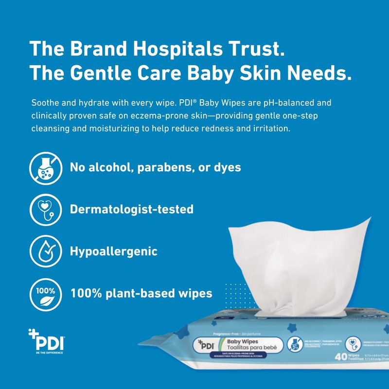 PDI Baby Wipes, Hypoallergenic, Eczema Safe, Fragrance Free, Plant-Based Wipes, 12 Packs of 40 Wipes Each (480 Total)