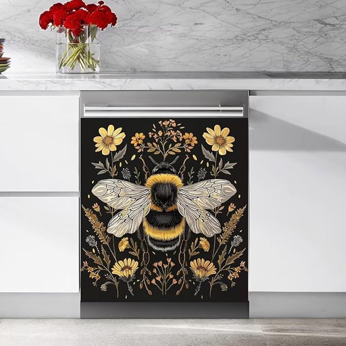 Flower and Bee Wallpaper Dishwasher Magnet Cover Sticekr - Kitchen Decorative Fridge Panel Decal - Kitchen Appliances Decorate Sticker - 23W x 17H inchs