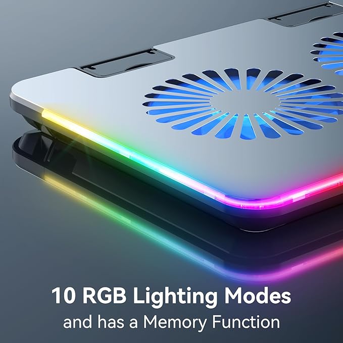 KYOLLY RGB Gaming Laptop Cooling Pad with Metal Panel, 2 Ultra Quiet Big Fans, 10 Lighting Modes, Phone Stand & 7 Height Adjustable Ergonomic Cooler for 10-15.6 Inch Laptops