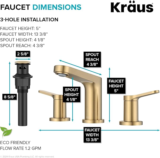 KRAUS Indy Widespread Bathroom Faucet in Spot-Free Brushed Brass with 2 Handles, Pop Up Drain and Supply Lines, FUS-14103SFBB