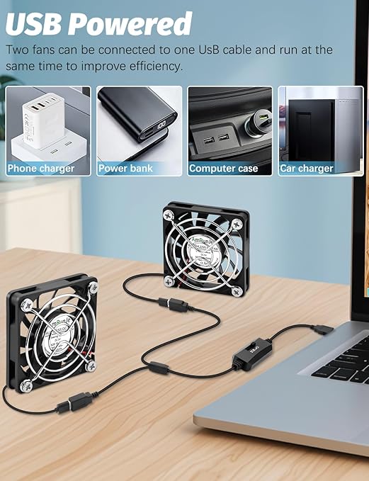 AmRunJe 2 Packs USB Cooling Fan 60mm x 10mm 5V Brushless DC Fans Variable Speed for PC Computer Raspberry Pi Router Terrarium Helmet