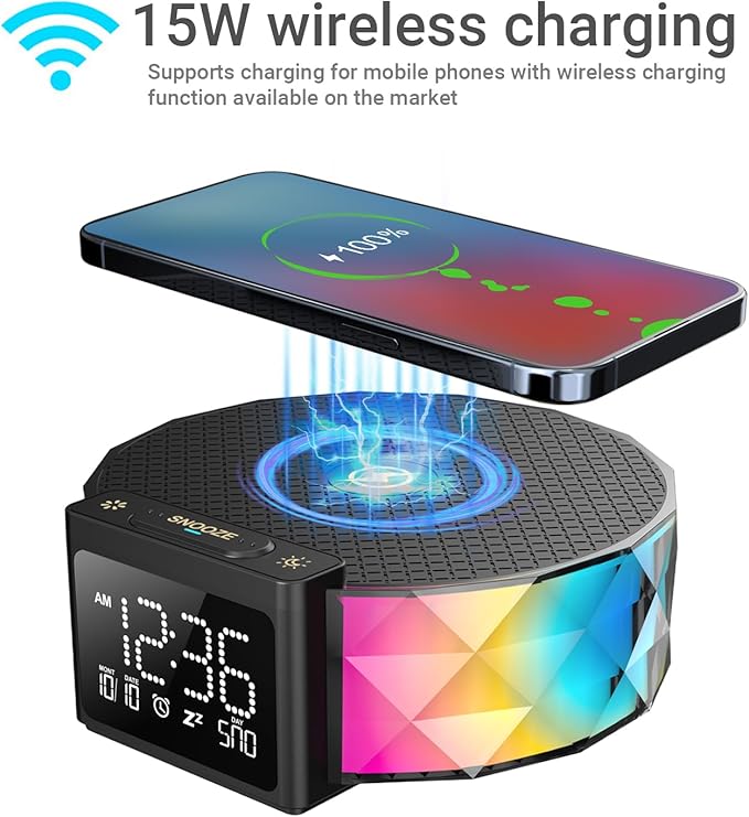 YIDPU Alarm Clock with Fast Wireless Charging 15W,Digital Alarm Clock Night Lamp for Bedroom, RGB Nightlight for 5 Colors,Snooze Mode,8 Types of Music with Cable (Black)