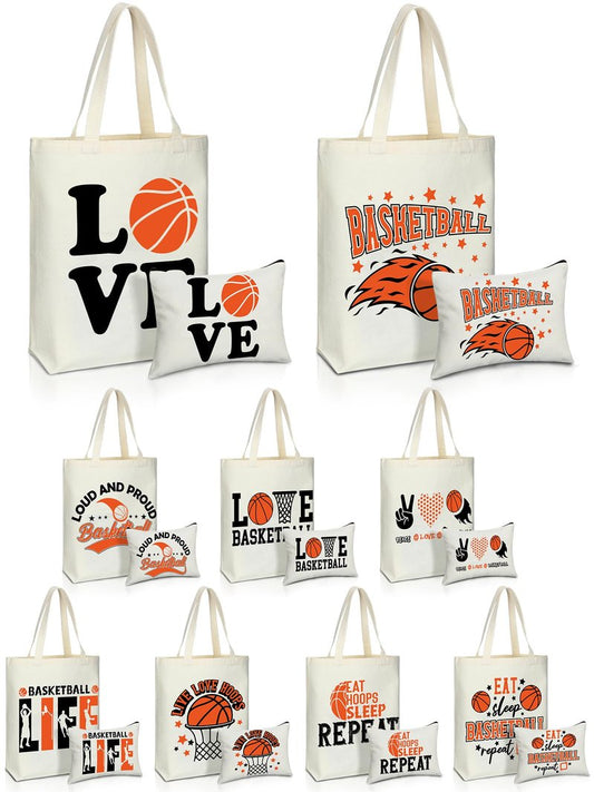 Huhumy 18 Pcs Volleyball Basketball Gifts for Women Cosmetic Bag Canvas Tote Bags Set for Teen Makeup Travel Players Teams(Basketball)