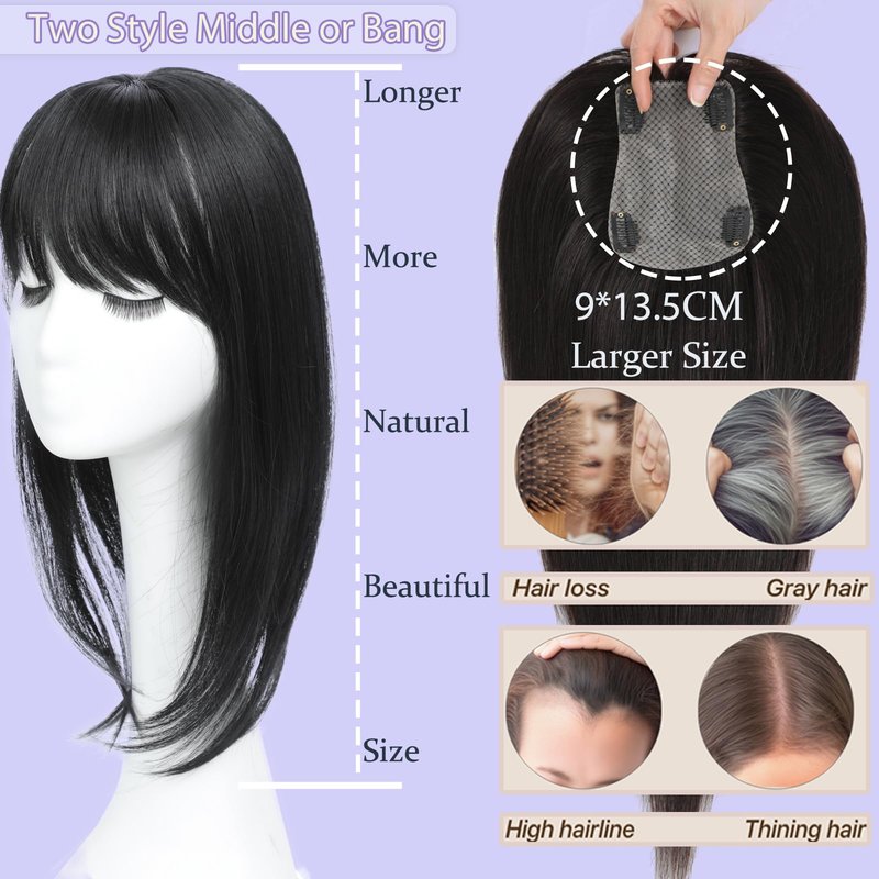 RMYHIG Hair Topper, 360° 3D Hair Toppers for Women with Thinning, 18 Inch Long Pieces for Women Clip in Wispy or Side Bangs(Black, 3D Wispy Bangs)
