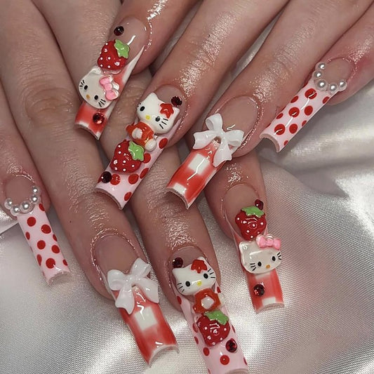 Cute Press on Nails Long Coffin Fake Nails with Glue Strawberry Bow Cat Nail Charms Design Cartoon Acrylic Nails for Women DIY 24Pcs Full Cover French Tip False Nails