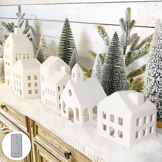 Regine Switzerland Christmas Village Set - 5 Lighted Ceramic Houses with Remote Control & 9 Trees | Rustic Indoor Holiday Decor