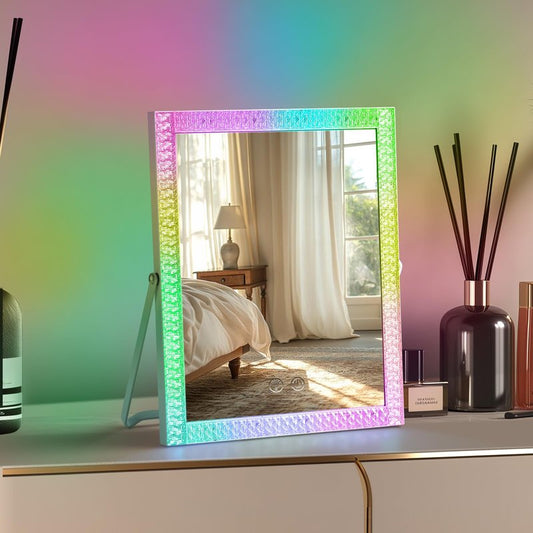 homtang Vanity Mirror with Lights,RGB & 3 Dimmable Light Modes Makeup Mirror with Touch Control,Light Up Mirror for Desk,360°Rotation,17x14 Inch