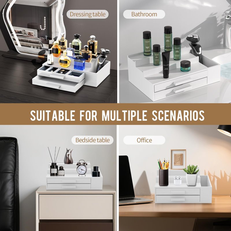 Cologne Organizer for Men,3 Tier Cologne Stand with 2 Drawer and Side Extended Storage Space,Wood Perfume Stand Organizer，Great Gift Packing Box for Men and Women-White
