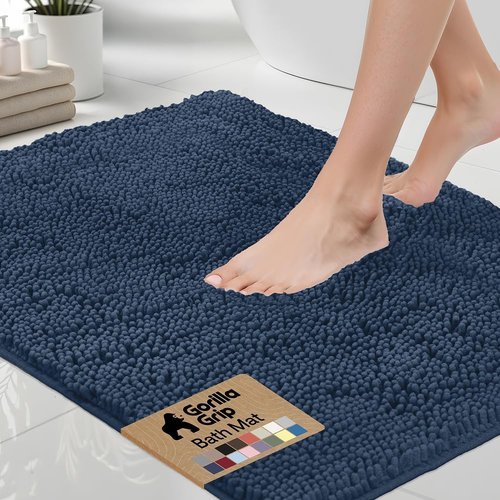 GORILLA GRIP Bath Rug Mat - Soft Absorbent Chenille | Quick-Dry Microfiber, 60x17, Navy Blue