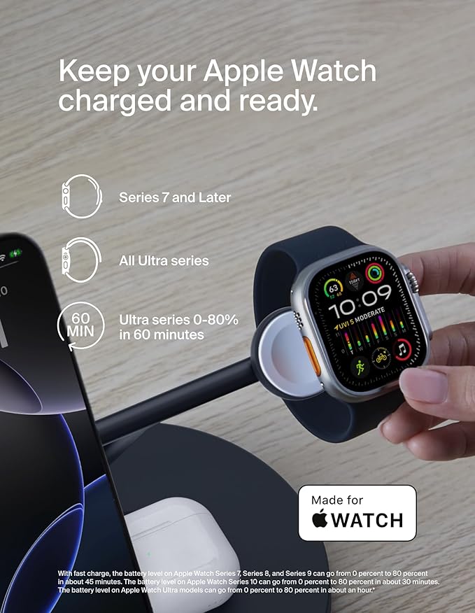 Belkin MagSafe-Compatible iPhone Charger, 3-in-1 Wireless Charging Station, Qi2-Certified 15W Wireless Charge for Apple iPhone 17 Series, Apple Watch, AirPods w/Non-Slip Base, 40W Included - Black