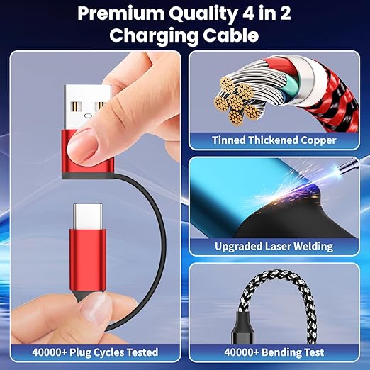 Travel Essentials Dual Type-C Port 4 in 2 Multi Charging Cable for iWatch Charger/iPhone 17/IP, Cruise Vacation Camping Essentials 2026 for iWatch 11-2/Ultra,iPhone 17-8, GalaxyS26-S21,Car -2Pack,5FT