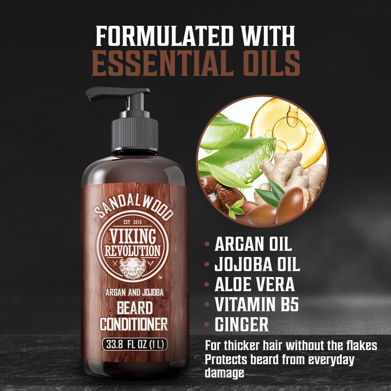 Viking Revolution Sandalwood Beard Conditioner - Argan & Jojoba Oil Beard Softener | 33.8 Fl Oz