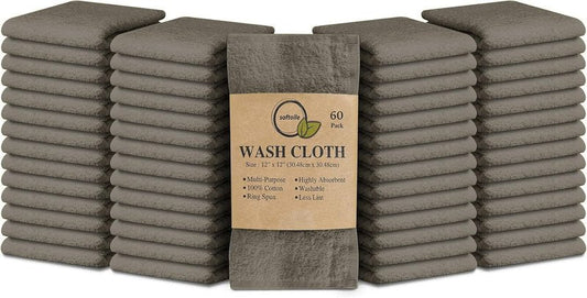 Softolle 100% Cotton Ring Spun Wash Cloths – Bulk Pack of Washcloths – 12x12 Inches – Wash Cloth for Face, Highly Absorbent, Soft and Face Towels (Taupe, 60 Pack)