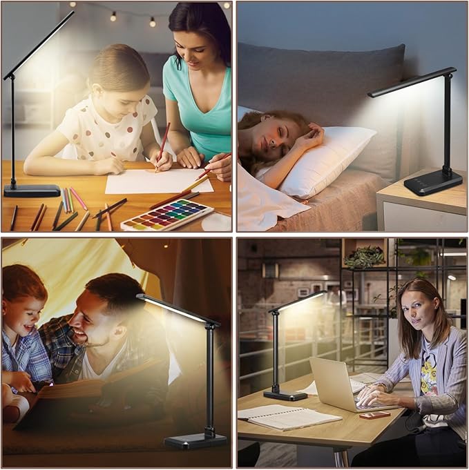 MACASA LED Desk Lamp with USB Charging Port Whole White for Home Office Essentials Table Lamp with Eye-Caring 4 Color Temperature Touch Control Stepless Dimming Desk Light for College Dorm