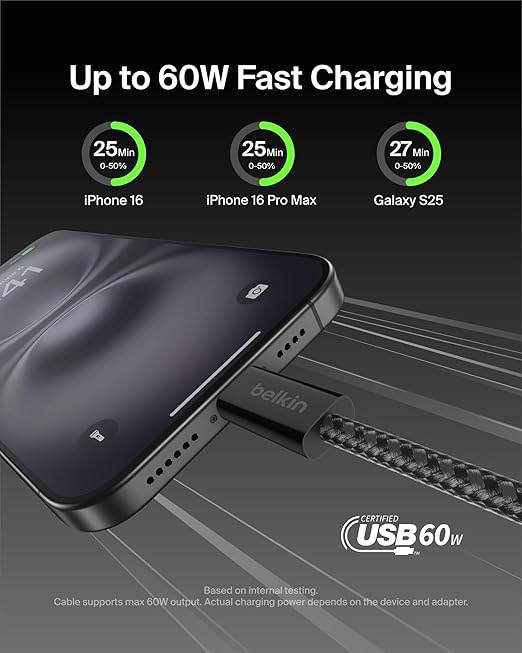 Belkin USB C to USB C Cable, 6.6ft, 60W - Type C Charger, iPhone Charger Cord, Soft, Braided, Flexible for iPhone 17, Galaxy S25, Pixel 10, Airpods, iPad Pro, Tablet & More, Travel Essentials - Black