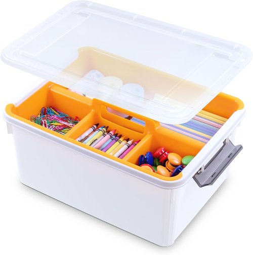 Citylife 17 QT Orange Plastic Storage Bin - Stackable Latching Box with Removable Tray for Organizing Tools and Crafts