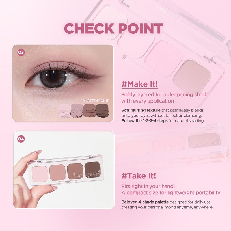 lilybyred Mood It Palette | 4-Shade Korean Eyeshadow Palette, Pre-Matched Personal Tone, Soft Blending, Buildable Coverage, Matte & Shimmer Finish, Daily Wear, Compact Size, 0.10 oz. (04 Attention It)