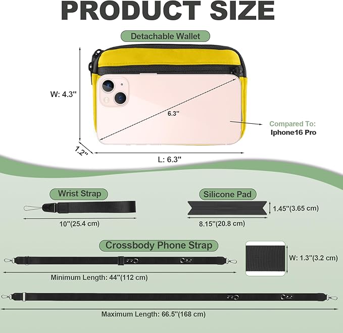 YFWE Clip and Go Strap for Phone with Wallet Crossbody, Adjustable Phone Lanyard with Detachable RFID Wristlet Wallet & Ultra-Thin 360° Rotatable Metal Tabs for All Smartphones (Yellow)