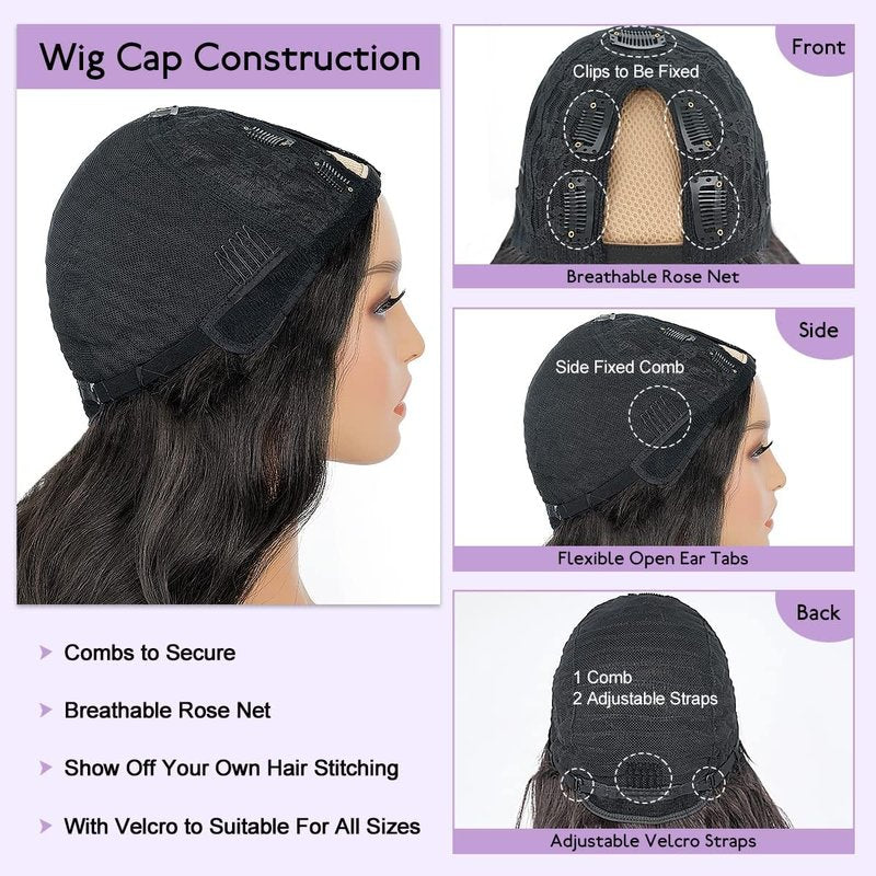 Short Wavy V Part Wigs For Black Women, Wear&Go Upgrade U Part Bob Wig, Glueless Half Wig Heat Resistant Synthetic Hair Soft As Human Hair (Black, 12 Inch)