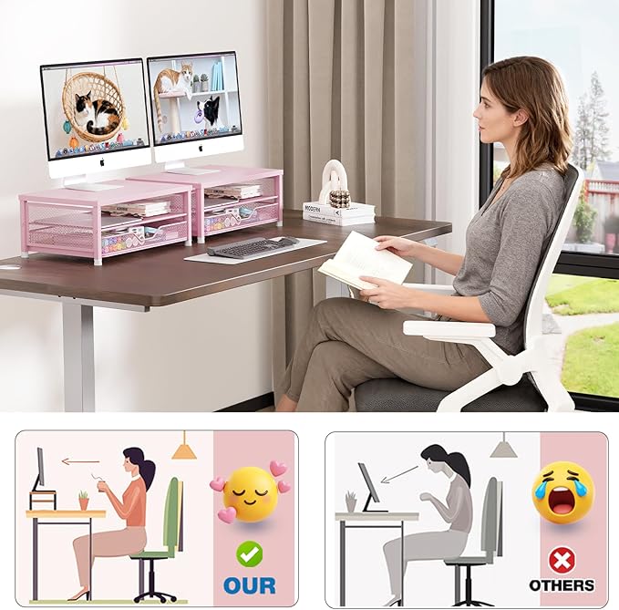 OPNICE Computer Monitor Stand Riser, Desk Organizer with Drawer, Printer & Laptop Stand, Office Desk Accessories & Workspace Desktop Organizers Storage for Office Supplies(Pink)