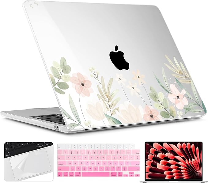 TWOLSKOO for MacBook Air 13 inch Case M5 2026 M4 2025 M3 M2 2024-2022 A3449 A3240 A3113 A2681, Plastic Hard Shell & Keyboard Cover & Screen Film for MacBook Air 13.6 inch Case, Watercolor Floral