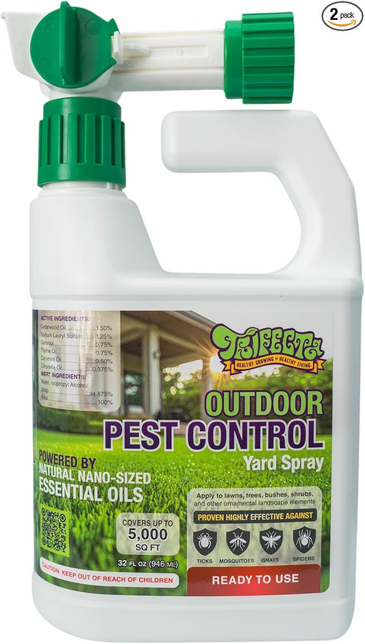 Trifecta Natural Outdoor Pest Control Yard Spray with Essential Oils | Mosquito, Ant, Flea, Tick, Gnat Killer on Contact & Repellent Treatment for Insects Bugs | Safe Around Kids & Pets | 32oz -2 Pack